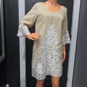 ECI Beige Dress with Intricate White Embroidery